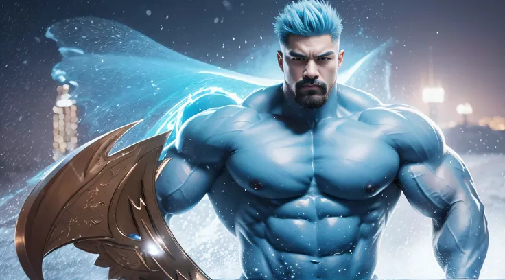 A Chinese bodybuilder， on，the super hot and sexy，lightblue hair, short detailed hair, on a snowy mountain，It was snowing heavily，Sunset lights, Short beard perfect figure with tattoos, Very huge and strong body, Bulging muscles, musculous, Very large pecto...