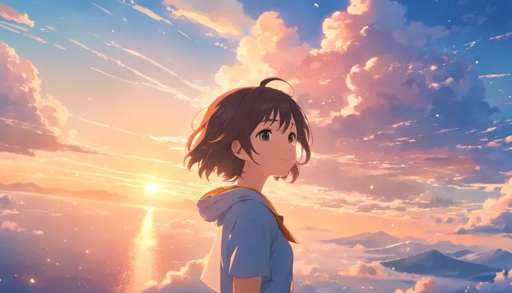 masterpiece, best quality, movie still, 1girl, cloud girl, floating in the sky, close-up, bright, happy, warm soft lighting, sunset, (sparks:0.7)