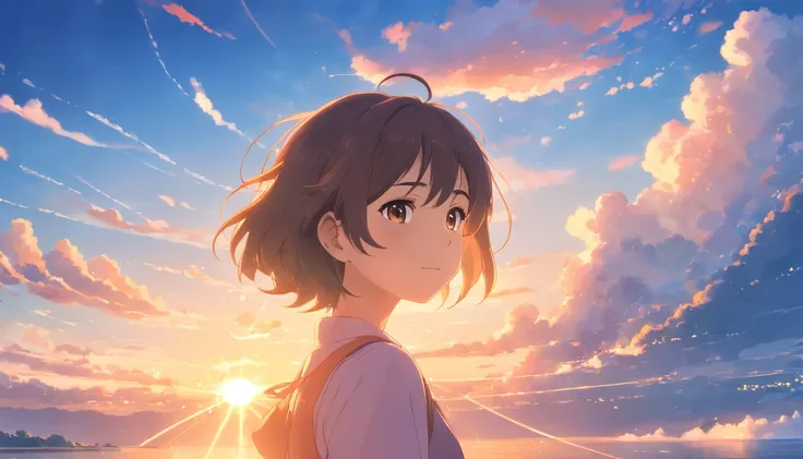 masterpiece, best quality, movie still, 1girl, cloud girl, floating in the sky, close-up, bright, happy, warm soft lighting, sunset, (sparks:0.7)