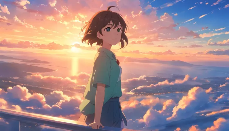 masterpiece, best quality, movie still, 1girl, cloud girl, floating in the sky, close-up, bright, happy, warm soft lighting, sunset, (sparks:0.7)