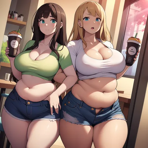 ((highres)), Masterpiece, high quality, best quality, beautiful, perfect lighting, detailed face, ultra cute face, ((2girls)), one girl has blonde hair, blue eyes, crop top and shorts skindentation, one girl has brown hair, green eyes, jeans, white shirt, ...