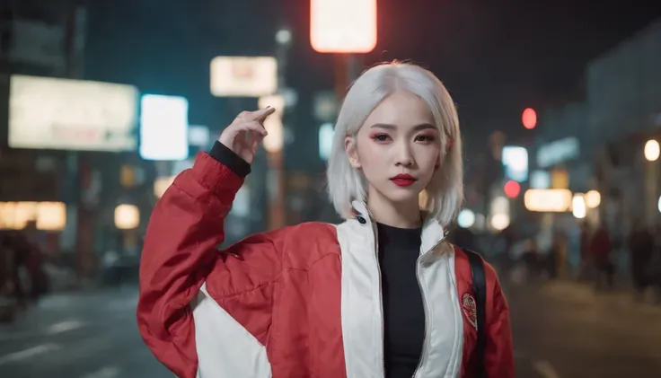 japanaese girl,pale skin,beatiful face(white colored hair)red jacket,Tokyo at night, with Cyberpunk style,Japanese streetwear,Tokyo Fashion,In a Cyberpunk 2 jacket 0 7 7,Full-length,attractive pose