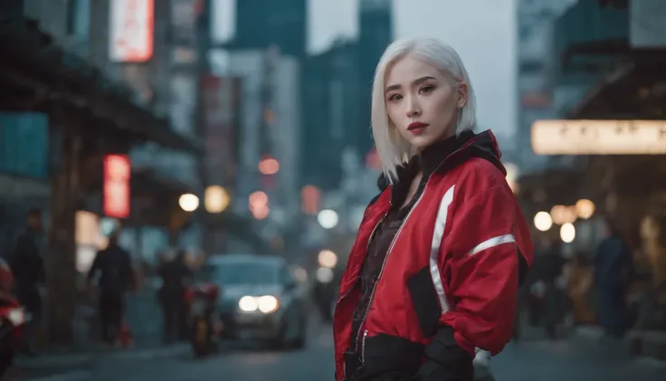 japanaese girl,pale skin,beatiful face(white colored hair)red jacket,Tokyo at night, with Cyberpunk style,Japanese streetwear,Tokyo Fashion,In a Cyberpunk 2 jacket 0 7 7,Full-length,attractive pose