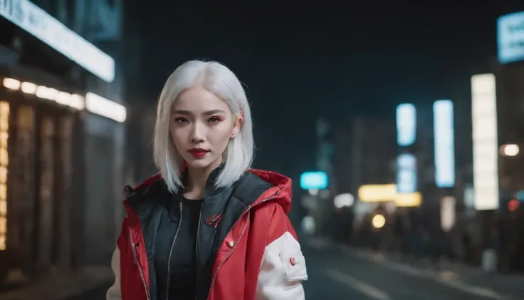 japanaese girl,pale skin,beatiful face(white colored hair)red jacket,Tokyo at night, with Cyberpunk style,Japanese streetwear,Tokyo Fashion,In a Cyberpunk 2 jacket 0 7 7,Full-length,attractive pose