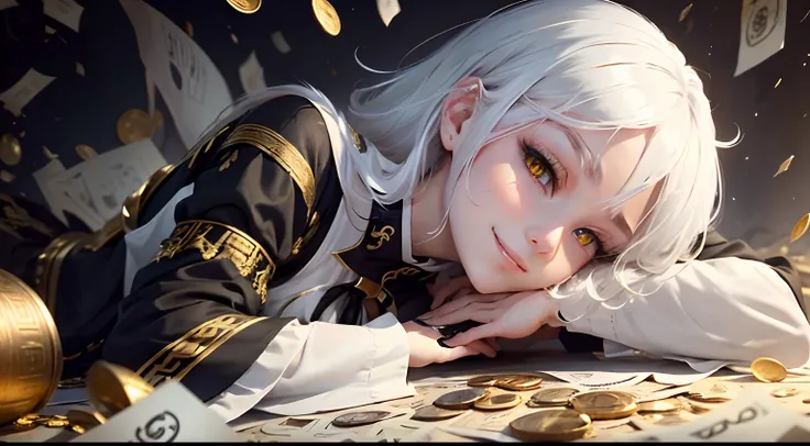 best quality, white hair, gold eyes, black clothes, looking up, upper body, hair strand, Fair skin, smiling, Banknotes and coins are scattered, lie down