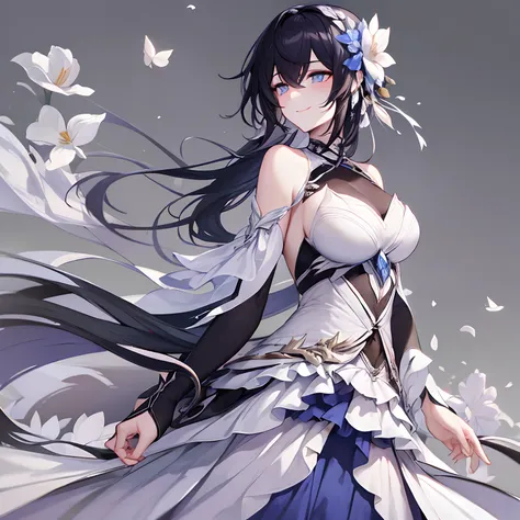 woman, long dark blue hair gathered in a low ponytail, pale eyes, white combat dress with silver details and flowers, modernity,...