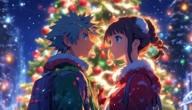 Christmas ,For printing, Spotted eyes, Night sky, milky ways, Christmas tree, Chris Mastery, 1 man, 1人の女性, Man calm city high school student, A cute schoolgirl with a female ponytail, dated , Snow, Face to face, Hand in Hand Tree Bohm, illumination