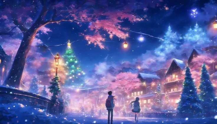 Christmas ,For printing, Spotted eyes, Night sky, milky ways, Christmas tree, Chris Mastery, 1 man, 1人の女性, Man calm city high school student, A cute schoolgirl with a female ponytail, dated , Snow, Face to face, Hand in Hand Tree Bohm, illumination