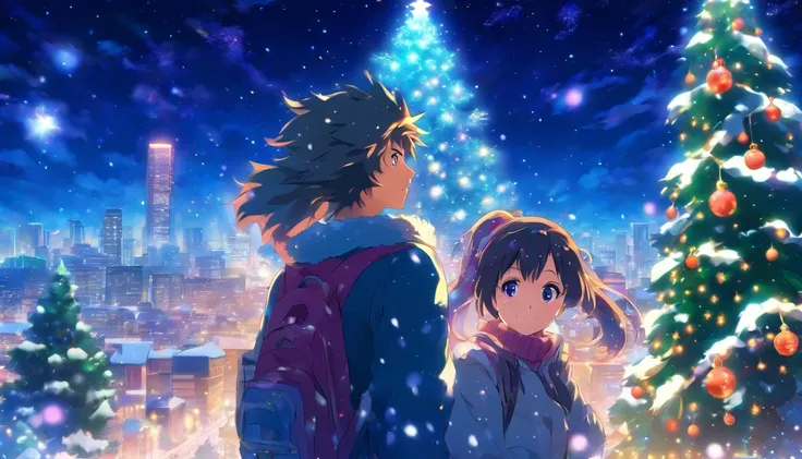 Christmas ,For printing, Spotted eyes, Night sky, milky ways, Christmas tree, Chris Mastery, 1 man, 1人の女性, Man calm city high school student, A cute schoolgirl with a female ponytail, dated , Snow, Face to face, Hand in Hand Tree Bohm, illumination