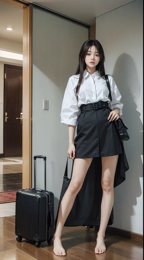 (((Masterpiece,High Quality,Best Quality,High Resolution,barefoot,Black and Orange Image,Line Drawing,Realistic,2 Girls,Suitcase,in room,Travel Preparations,Hurrying,Large Amount of Luggage,Clothes That Dont Fit,Contrasting Amount of Luggage for Another Pe...