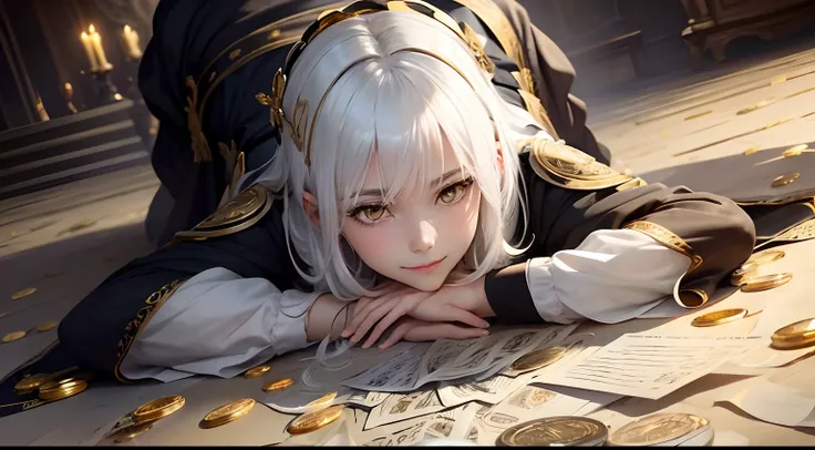 best quality, white hair, gold eyes, black clothes, looking up, upper body, hair strand, Fair skin, smiling, Banknotes and coins are scattered, lie down