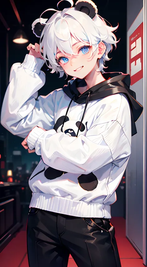 One Boy, cute smile, Blue eyes,hair messy,White Techware  long big black mixed white colored sweater,tear drop,Viewers Eye Line,Black skinny pants,Panda ears, cyberpunked, is standing cool pose, baby-face, cute little, Both hands are hidden