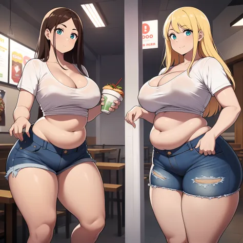 ((highres)), Masterpiece, high quality, best quality, beautiful, perfect lighting, detailed face, ultra cute face, ((2girls)), one girl has blonde hair, blue eyes, crop top and shorts skindentation, one girl has brown hair, green eyes, jeans, white shirt, ...