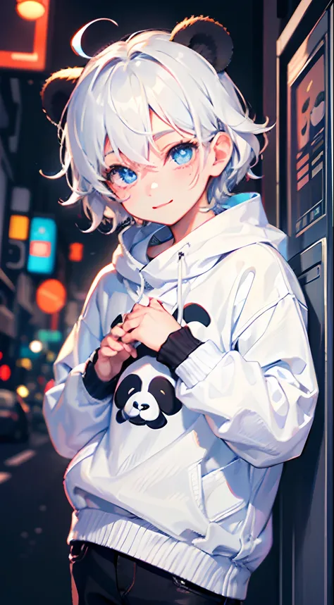 One Boy, cute smile, Blue eyes,hair messy,White Techware  long big black mixed white colored sweater,tear drop,Viewers Eye Line,Black skinny pants,Panda ears, cyberpunked, is standing cool pose, baby-face, cute little, Both hands are hidden