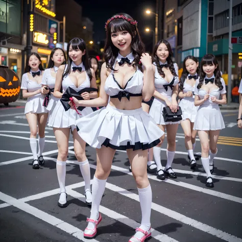 (SFW, 9 Tiny Girls:1.2, Shibuya Hachiko-mae scramble crossing on Halloween:1.2), (masterpiece:1.2, best quality, photorealistic:1.37), {(Standing Full Body:1.2)|(from below:1.2)}, short silver hair, {School Uniform| tutu|naked bandage}, (Detailed KAWAII fa...