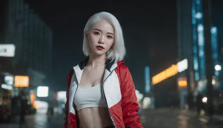 japanaese girl,pale skin,beatiful face(white colored hair)red jacket,Tokyo at night, with Cyberpunk style,Japanese streetwear,Tokyo Fashion,In a Cyberpunk 2 jacket 0 7 7,Full-length,attractive pose