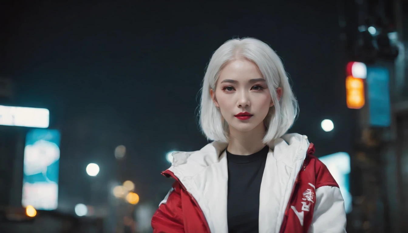 japanaese girl,pale skin,beatiful face(white colored hair)red jacket,Tokyo at night, with Cyberpunk style,Japanese streetwear,Tokyo Fashion,In a Cyberpunk 2 jacket 0 7 7,Full-length,attractive pose