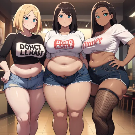 ((highres)), Masterpiece, high quality, best quality, beautiful, perfect lighting, detailed face, ultra cute face, ((3girls)), one girl has blonde hair, blue eyes, crop top and shorts skindentation, one girl has brown hair, green eyes, jeans, white shirt, ...