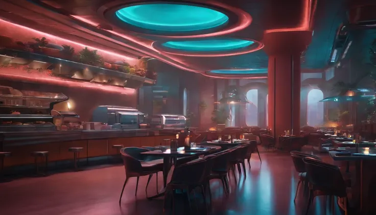 cafeteria, futuristic backdrop, Cyberpunk, 8k