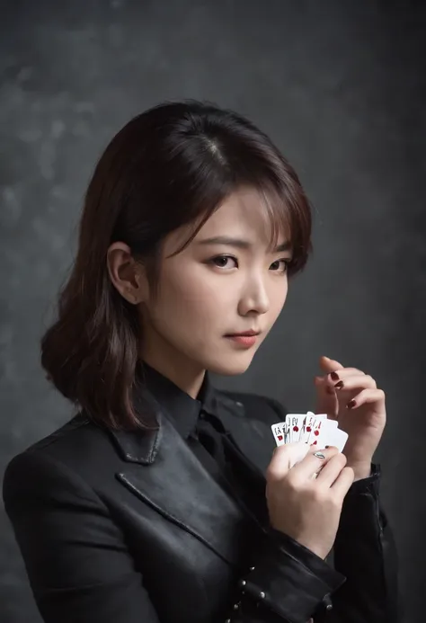 A young Japanese woman with a black suit up to a shirt and playing cards with black leather gloves on both hands