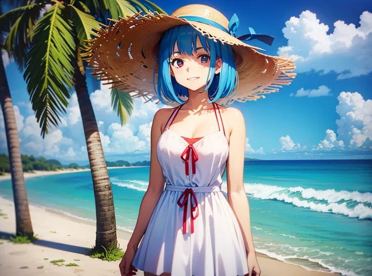 There is a woman in a white dress and straw hat on the beach, 3d anime girl, with straw hat, Game CG, render of a cute 3d anime girl, photorealistic anime girl render, Asuka as a surfer model, pixiv 3dcg, anime thai girl, Lori, iray, Rin