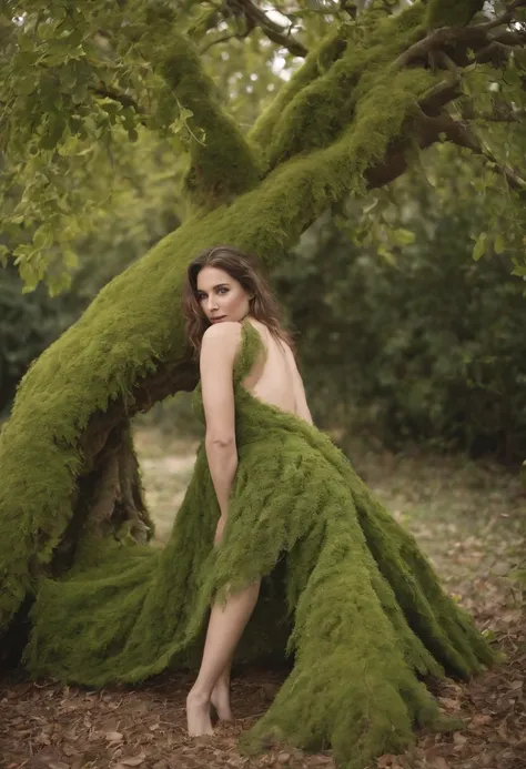 Realistic close-up photography, Arbomorph An embrace of the womans body turned into a leafy tree, with roots as legs, ramas como brazos, Algunas hojas vuelan sobre un fondo blanco,