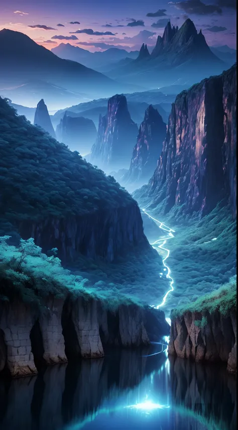 There is a mystical landscape of a magical fantasy with side mountains divided by a trench in half, paisagem surrealista, noite mistica, lua cheia brilhante, magic lights , luzes neon, magia de luz, noite misteriosa, (luzes roxo,azul, amarelo), photografia...