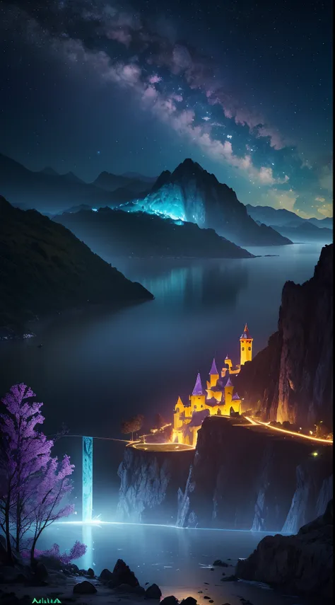 There is a mystical landscape of a magical fantasy with side mountains divided by a trench in half, paisagem surrealista, noite mistica, lua cheia brilhante, magic lights , luzes neon, magia de luz, noite misteriosa, (luzes roxo,azul, amarelo), photografia...