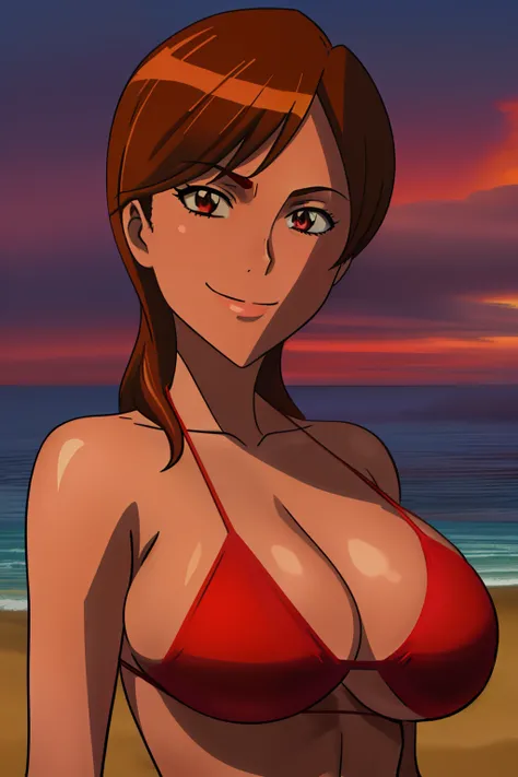 helen parr, masterpiece, best quality, solo, brown hair, brown eyes, superheroine, smile, 1girl, upper body, closed mouth, beach, portrait,huge breasts, Highschoolofthedead, gradient shading, (((red bikini1.9))), elastigirl,