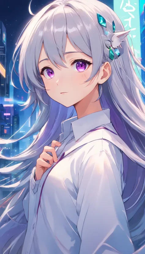 white long sleeve shirt、full bodyesbian、Purple eyes that sparkle with gemstones，[Cute little girl s:1.5]、Cat ears，Touch、[A shy look:1.5]，Open white shirt，A cute loli，Look up at your head，Beautiful eyes，Open All、Cute faces in anime，long Grey hair,[Spoiled c...