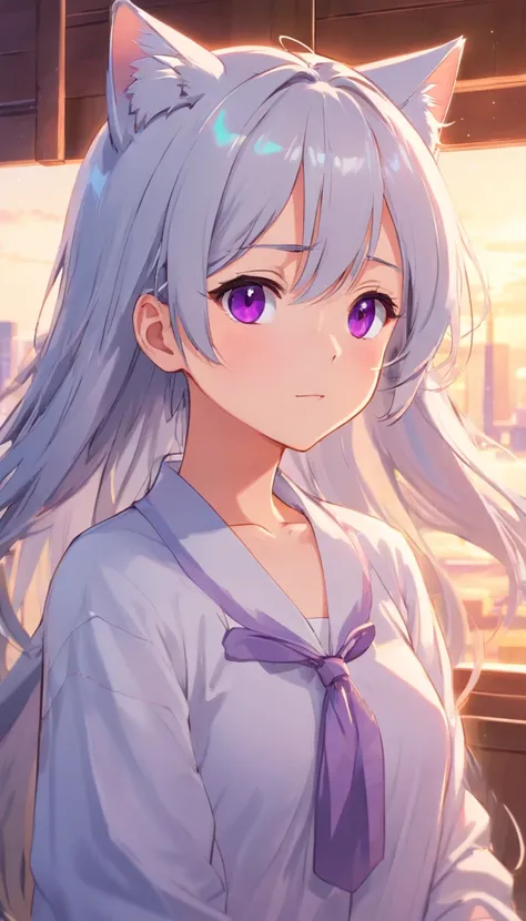 white long sleeve shirt、full bodyesbian、Purple eyes that sparkle with gemstones，[Cute little girl s:1.5]、Cat ears，Touch、[A shy look:1.5]，Open white shirt，A cute loli，Look up at your head，Beautiful eyes，Open All、Cute faces in anime，long Grey hair,[Spoiled c...