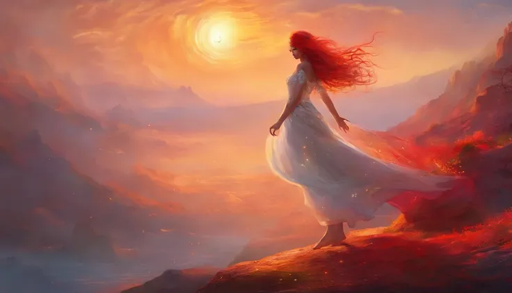 dancer, white skirt, sunset, red hair