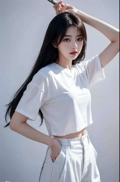 a woman in a white shirt and black pants is holding a baseball bat, bae suzy, korean womens fashion model, sakimichan, casual pose, dilraba dilmurat, female actress from korea, jaeyeon nam, she is wearing streetwear, promotional images, solo photoshoot, ji...