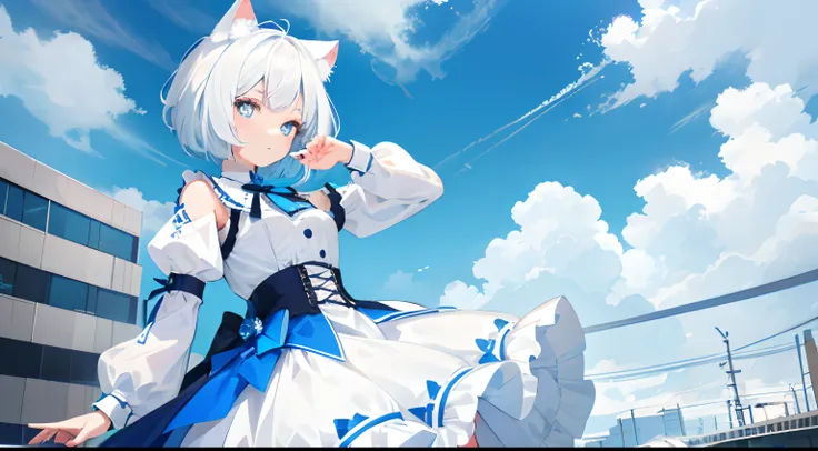 ((ultra - detailed),teens girl,White color hair，blue color eyes，cat ear，offcial dress，short detailed hair，with blue sky and white clouds