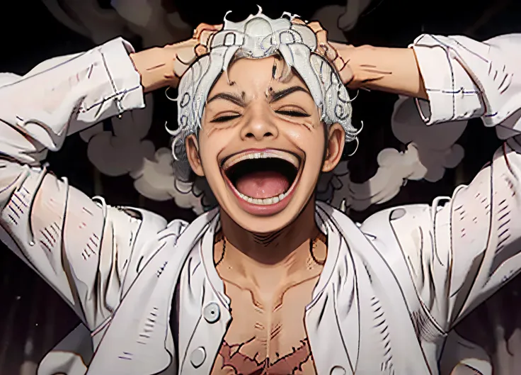 masutepiece, best quality, beautiful lighting,
gear fifth, monkey d. luffy, 1boy, arms up, closed eyes, curly eyebrows,  white h...