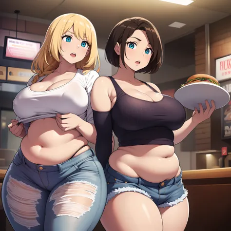 ((highres)), Masterpiece, high quality, best quality, beautiful, perfect lighting, detailed face, ultra cute face, ((2girls)), one girl has blonde hair, blue eyes, crop top and shorts skindentation, one girl has brown hair, green eyes, jeans, white shirt, ...