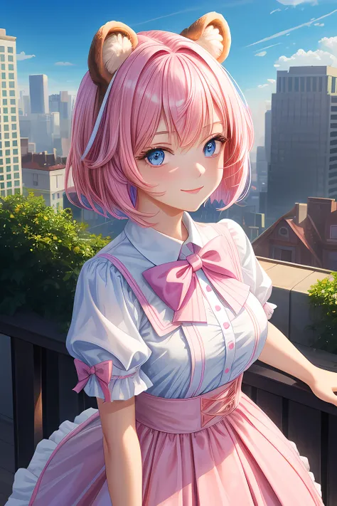 ​master piece, Best Quality, High resolution, Ultra-detailed, 1girl in, Late teens, Pink hair and pale blue eyes, Fluffy animal ears, Looking at Viewer,Wear a short-sleeved T-shirt, Check skirt, Bangs, Short hair, Bow, Hair Bow, pink bows, A smile, Brown b...