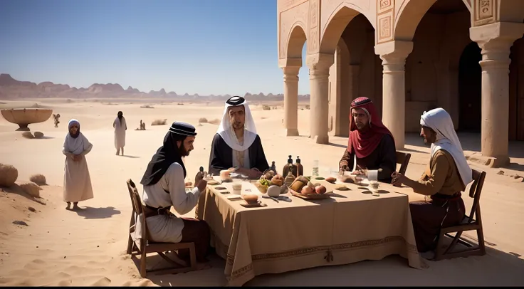 Ancient times, Arab family gathered in the desert, felizes