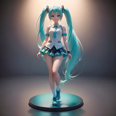 A hyper realistic 3D model of a cute Hatsune Miku chibi anime character with a bright and cute smile, full body, mid pose figure, rendered in ultra HD 8K for the ultimate level of detail and smooth texture.