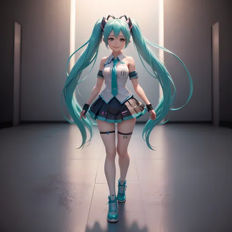 a hyper realistic 3d model of a cute hatsune miku chibi anime character with a bright and cute smile, full body, mid pose figure...