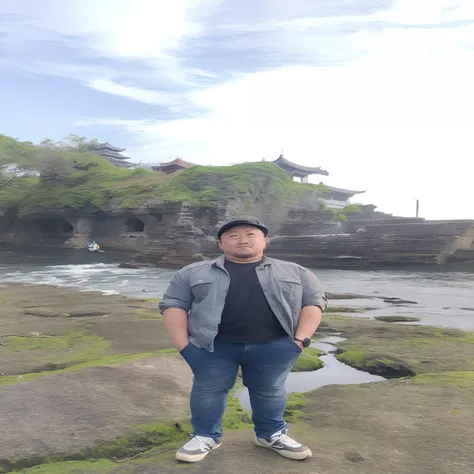 arafed man standing on a rock in front of a body of water, ramil sunga, photo taken in 2 0 2 0, cg artist, reddit post, at an ancient city, rick dai, professional picture, david luong, vacation photo, 2 8 years old, standing near the beach, temple in the b...