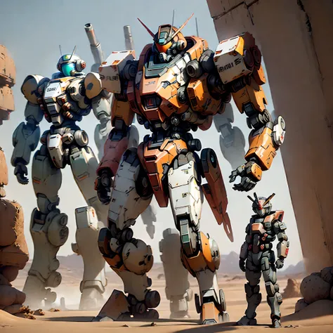 ((mecha space, amored core 6)), combatendo em um deserto com ruinas, ((corpo inteiro)), mecha estilo jogo titanfall, gunda pavio