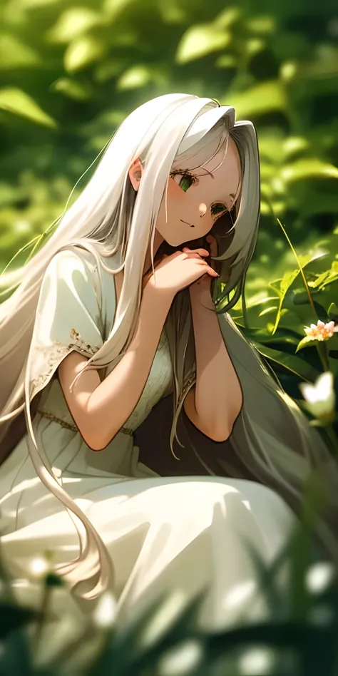 (masterpiece, best quality),1girl with long white hair sitting in a field of green plants and flowers, her hand under her chin, warm lighting, white dress, blurry foreground