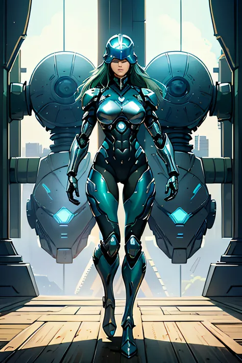 arafe female robocop solo、Big breasts about to burst、full body armored、Blue and silver armor、thin and long legs,、Long metallic green hair、Fitness Body Shape、Helmet with visor to cover the eye area、Pose ready to fight、