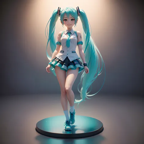 A hyper realistic 3D model of a cute Hatsune Miku chibi anime character with a bright and cute smile, full body, mid pose figure, rendered in ultra HD 8K for the ultimate level of detail and smooth texture.