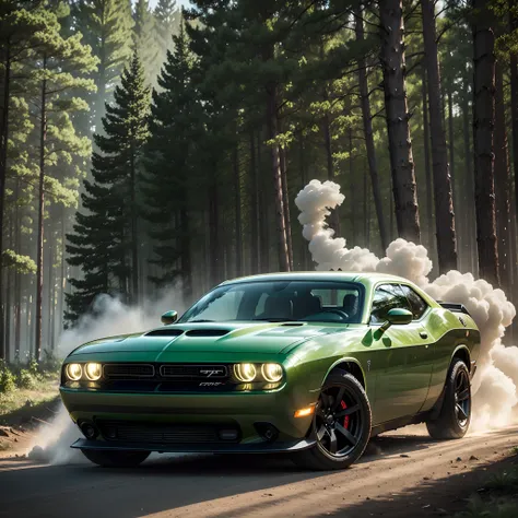 Dodge Challenger ultra 4k, green background, smoke effect green drl,  forest area with fogg effect, tire burning effect