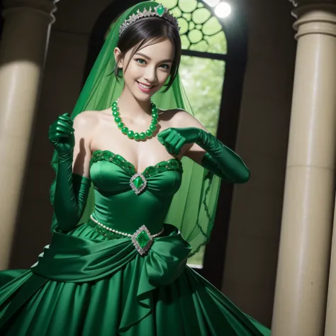 emerald tiara, Green Pearl Necklace, Boyish very short green hair, lipsticks, Japan woman smiling, very short short hair, big breasts beautiful, Green eyes, Long green gloves made of satin material, Green eyes, Emerald earrings