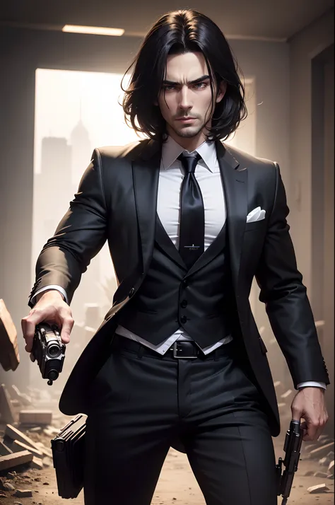 8K,Photorealsitic　Raw photography　top-quality;1.4) 　(1 adult male)　Super handsome John Wig(Lifelike face)　Holding a handgun in a black suit　White cutter shirt and black tie　Short bob with dark eyes and black hair　wild　glares　Holding a handgun　Cinematic bat...