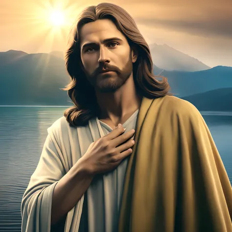 jesus is standing in front of a lake with a mountain in the background, jesus christ, portrait of jesus christ, greg olsen, jesus, dressed like jesus christ, jesus of nazareth, the lord and savior, young almighty god, jesus face, jesus walking on water, ch...