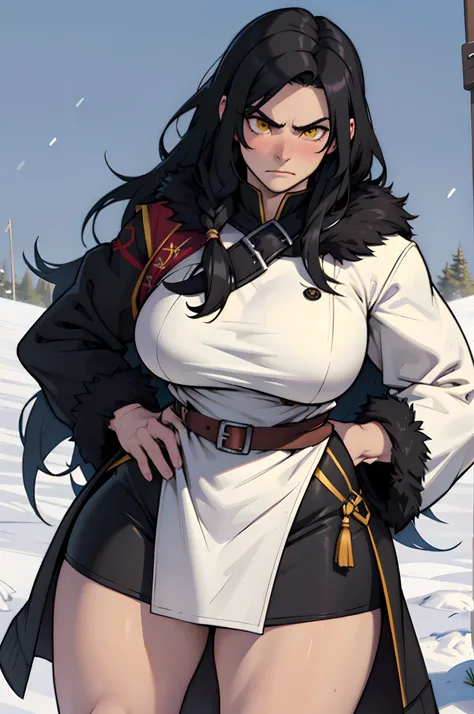 ((1 girl)), extremely long hair, solo, ((muscular)), veins, black hair, yellow eyes, blushing, (thick thighs), pale skin, strong, veins, abs, big thighs, (huge breasts), angry, snow, viking, fur trim coat, fur trim